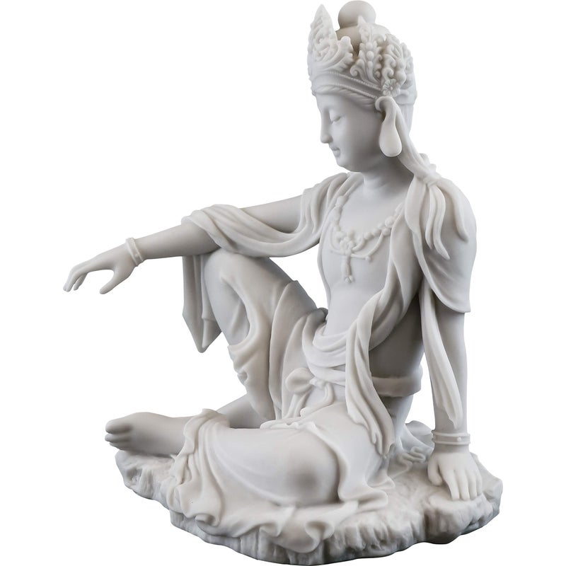 Top Collection Water & Moon Quan Yin Royal Ease Pose Statue- Buddhist Kwan Yin Goddess of Compassion and Mercy Sculpture in White Marble Finish - 7.25-Inch Collectible Figurine - Image 2